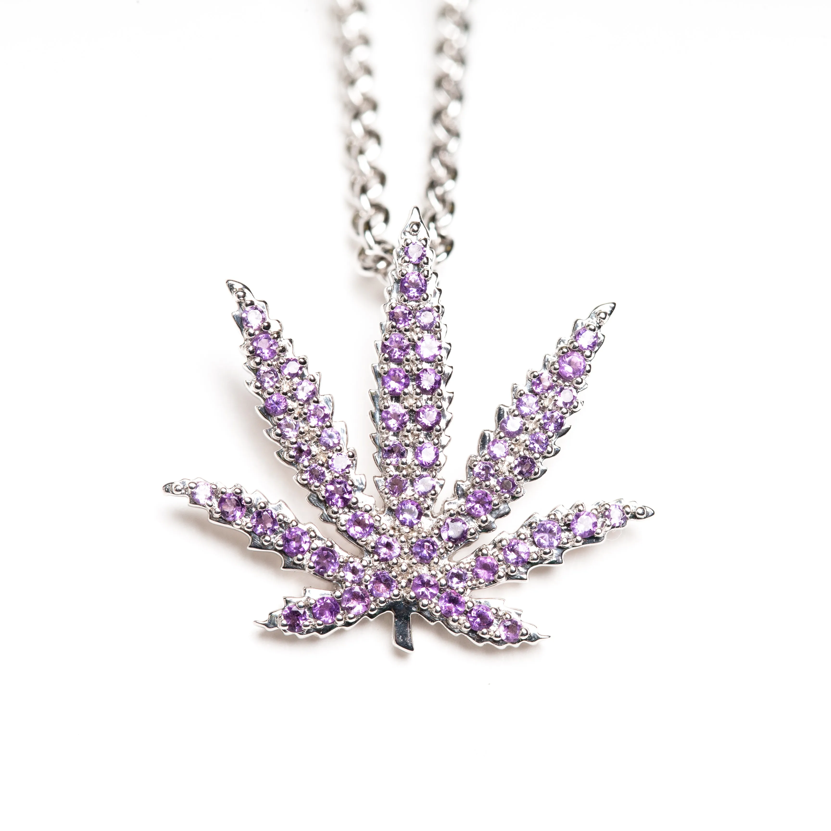 Sterling Silver Sativa Leaf Pendant with Amethyst Gemstones